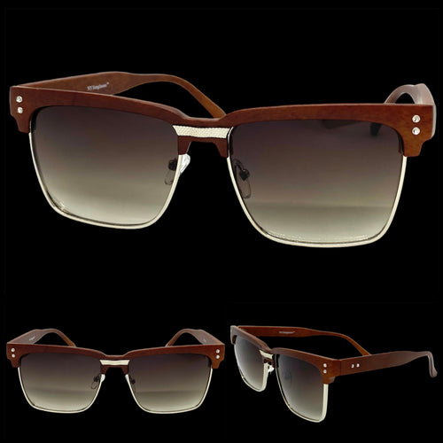 Classy Elegant Sophisticated Luxury Style SUNGLASSES Square Wood & Silver Frame WD746