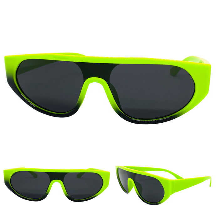 Contemporary Modern Retro Shield Style SUNGLASSES Neon Green Frame 2129