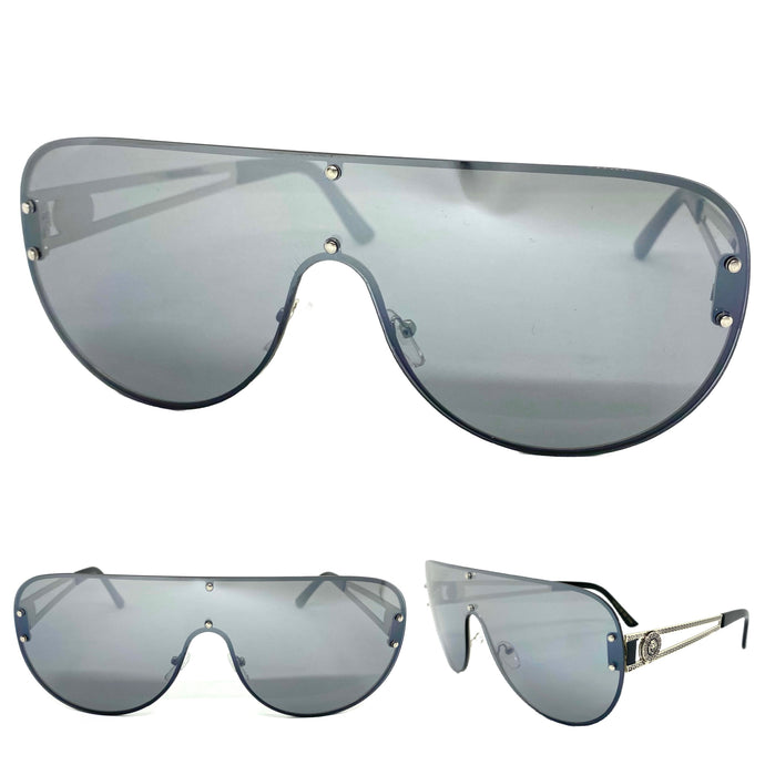 Oversized Modern Retro Shield Style SUNGLASSES Large Silver Frame 7724