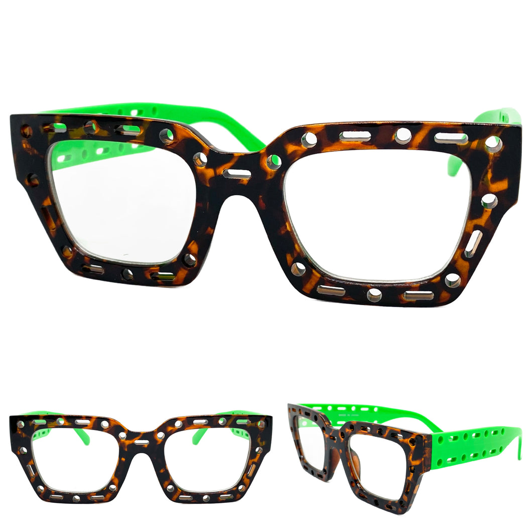 Classic Modern Retro Style Clear Lens EYEGLASSES Large Thick Tortoise & Green Frame 81122