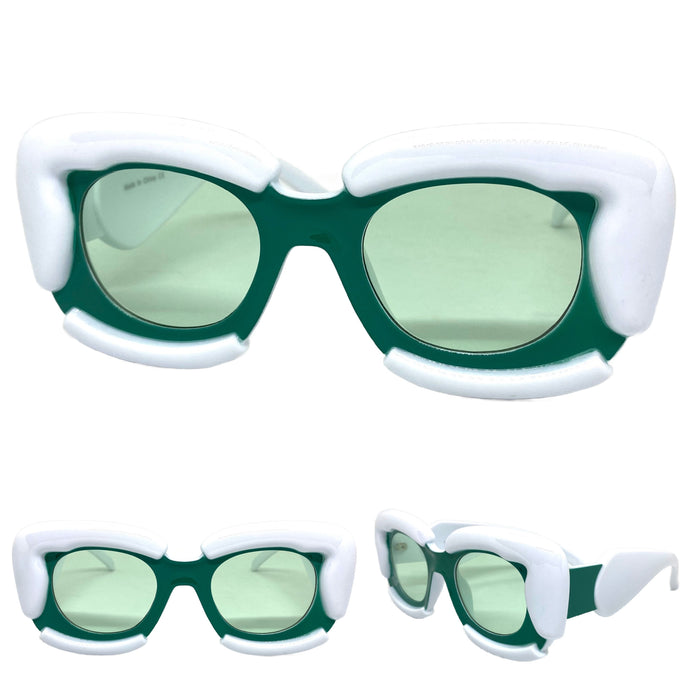 Oversized Exaggerated Classic Vintage Retro Bubble Style SUNGLASSES Large Thick White & Teal Frame 2138