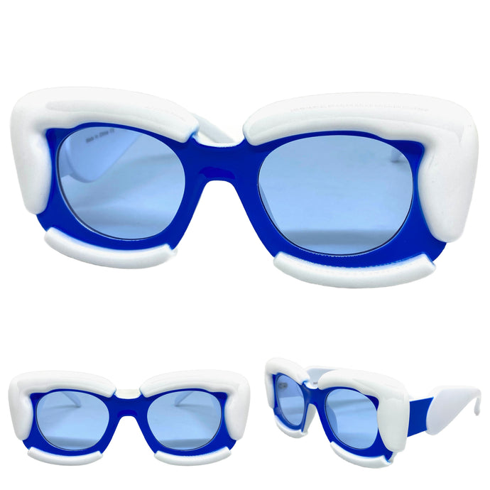 Oversized Exaggerated Classic Vintage Retro Bubble Style SUNGLASSES Large Thick White & Blue Frame 2138