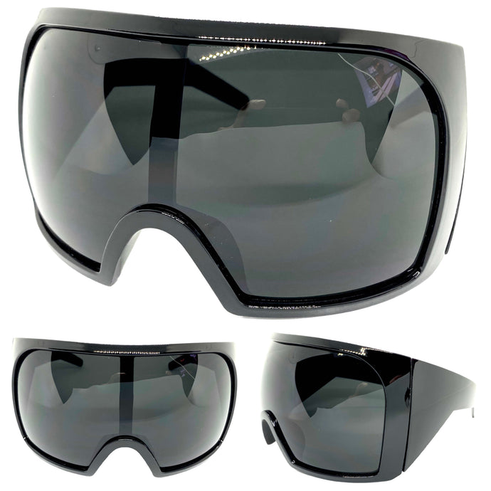 Oversized Wrap Around Futuristic Modern Shield Style SUNGLASSES Huge Black Frame 2152