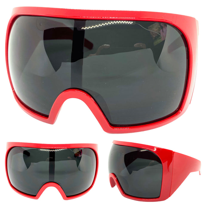 Oversized Wrap Around Futuristic Modern Shield Style SUNGLASSES Huge Red Frame 2152