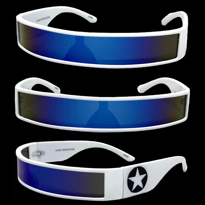 Space Futuristic Robotic Cyclops Shield Costume Party SUNGLASSES Thin White Frame 80573