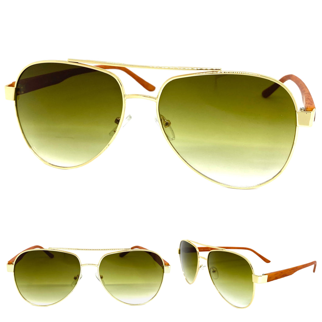 Classy Elegant Sophisticated Luxury Retro Aviator Style SUNGLASSES Gold & Wooden Frame 2112