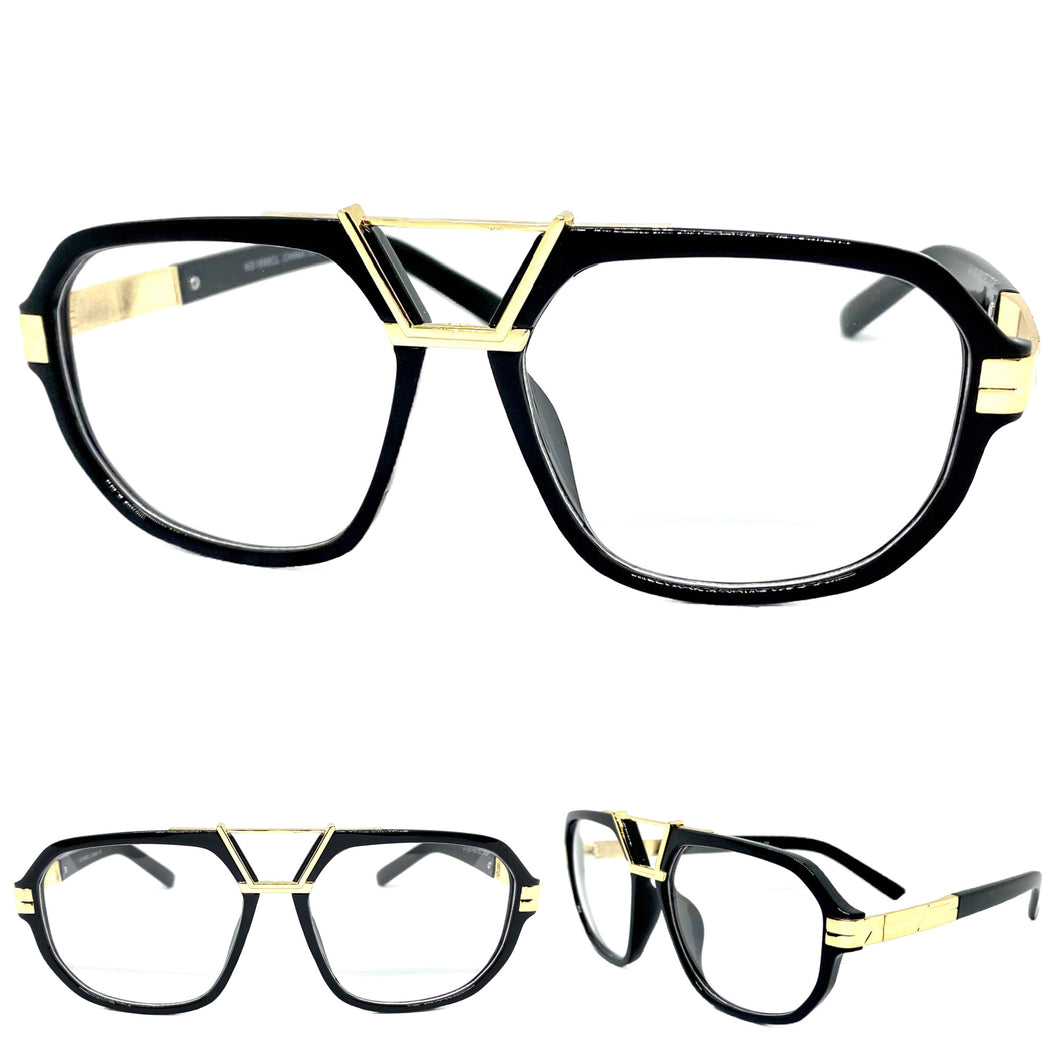 Classic Vintage Retro Hip Hop Style Clear Lens EYEGLASSES Black & Gold Frame 1898