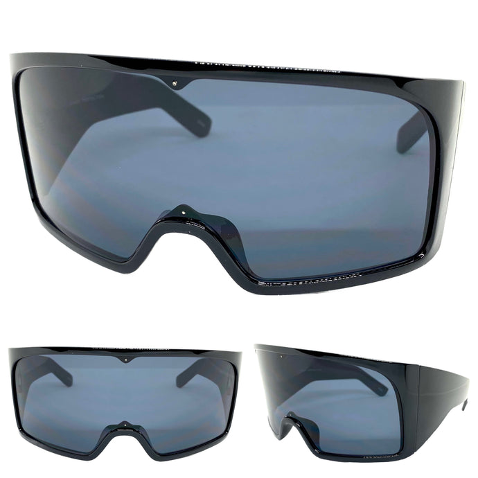 Oversized Wrap Around Futuristic Modern Shield Style SUNGLASSES Huge Black Frame 80606