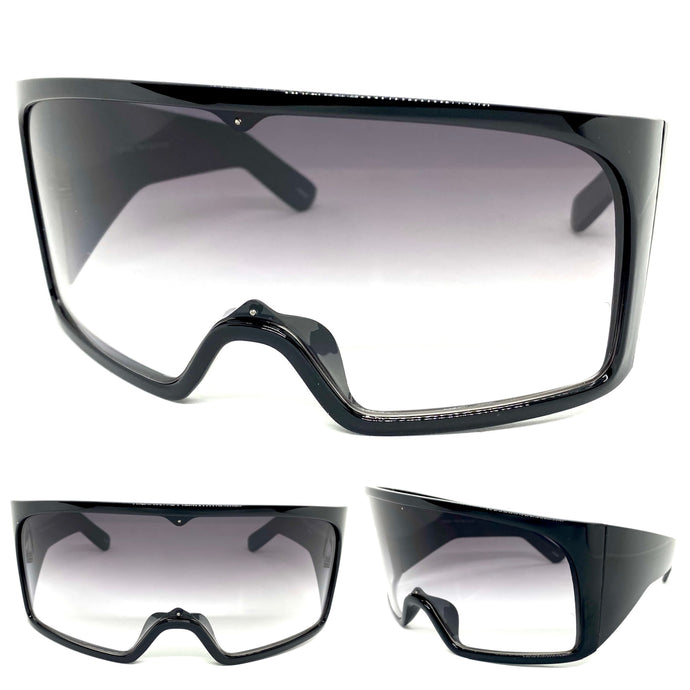 Oversized Wrap Around Futuristic Modern Shield Style SUNGLASSES Huge Black Frame 80606