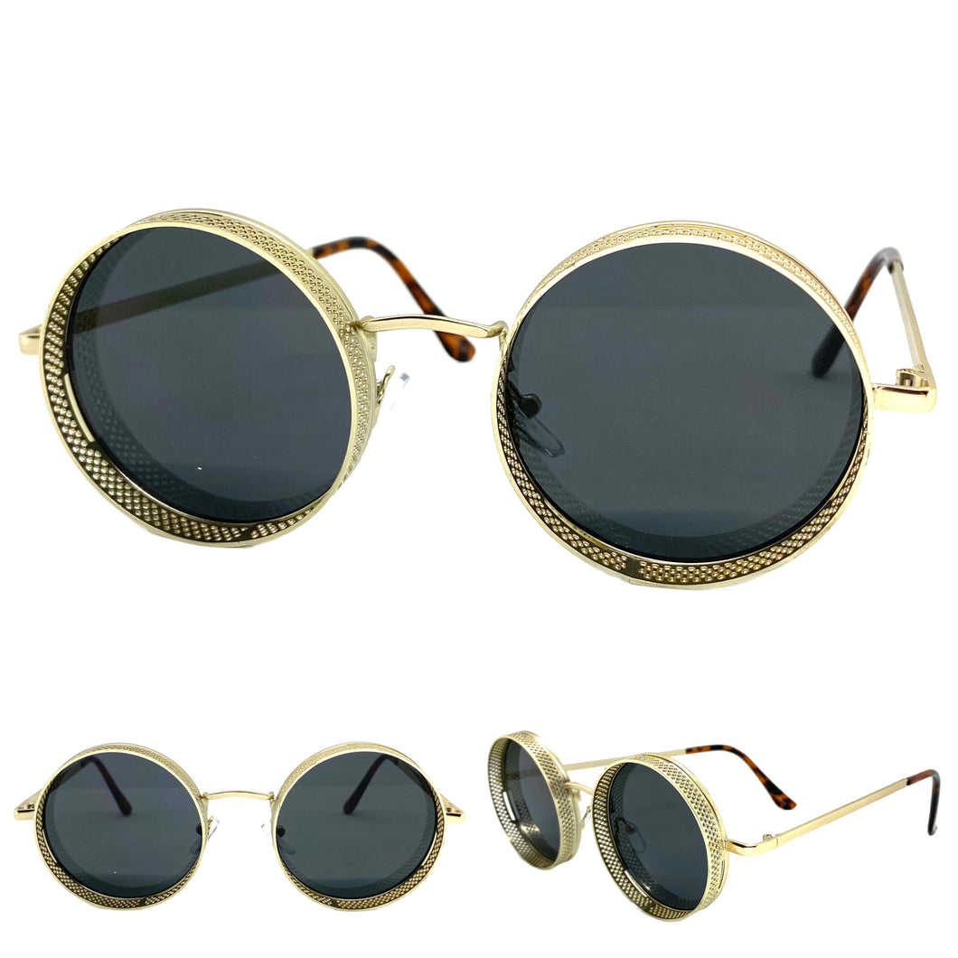Classic Vintage Retro Cyber Steampunk Style SUNGLASSES Round Gold Frame 5240