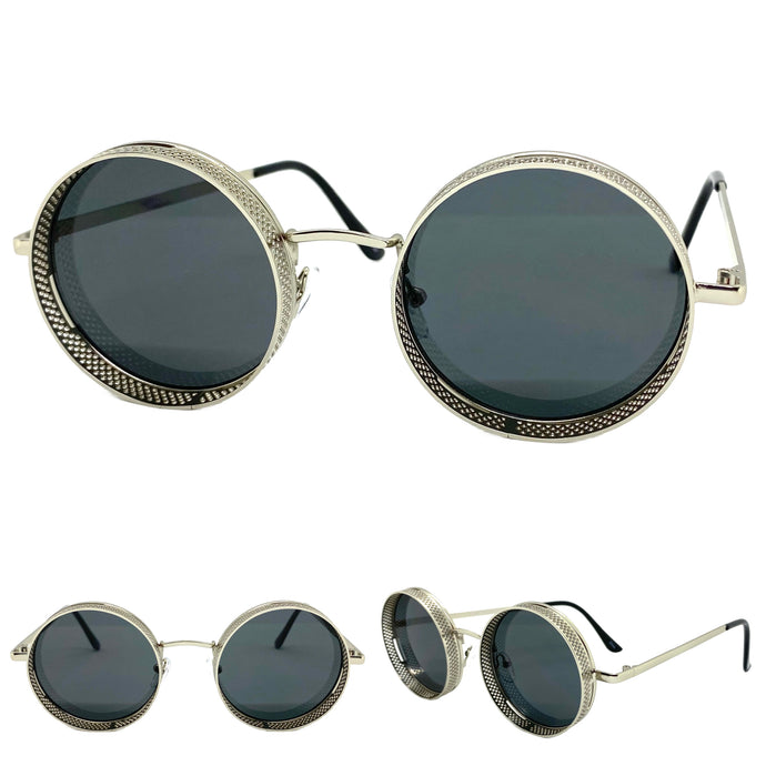 Classic Vintage Retro Cyber Steampunk Style SUNGLASSES Round Silver Frame 5240