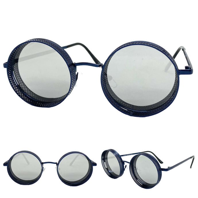 Classic Vintage Retro Cyber Steampunk Style SUNGLASSES Round Blue Frame 5240