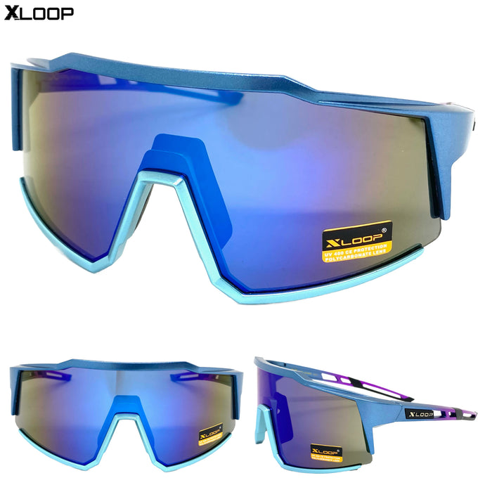 Oversized Retro Sporty Wrap Around Style SUNGLASSES Large Blue Frame 3653