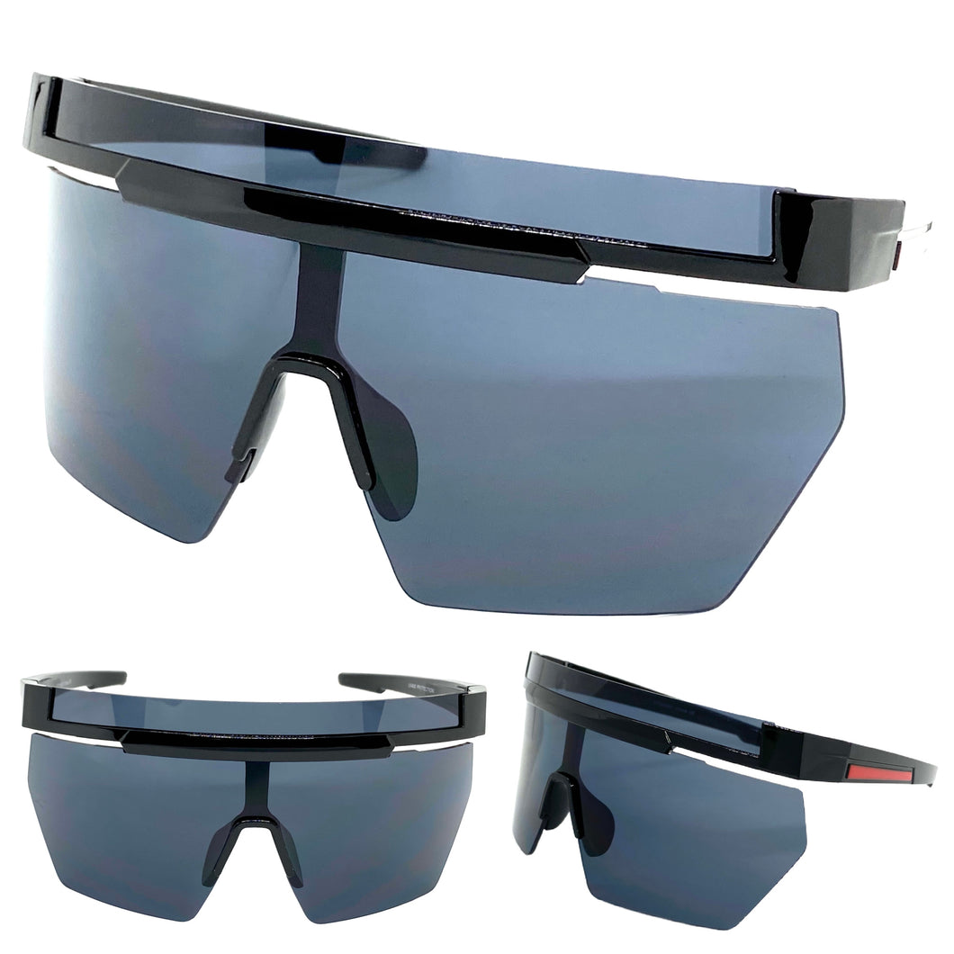 Oversized Retro Sporty Wrap Around Shield Style SUNGLASSES Large Black Frame 59087