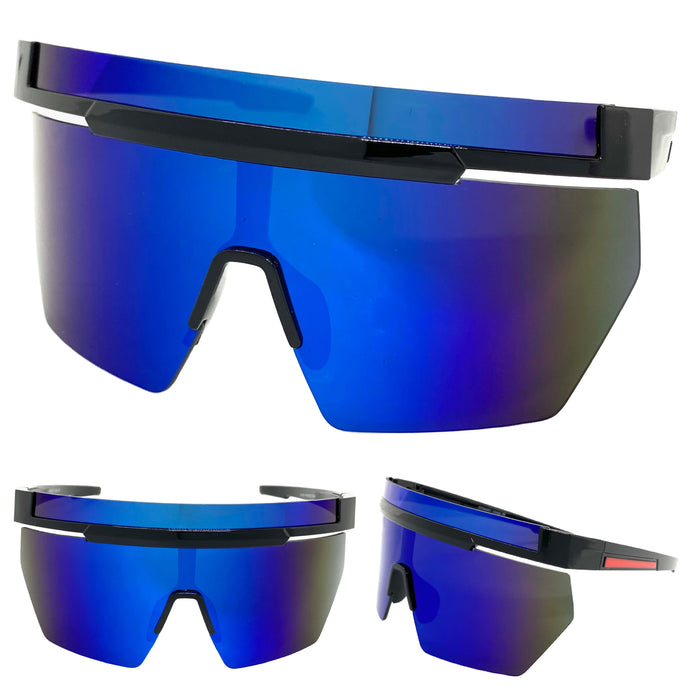 Oversized Retro Sporty Wrap Around Shield Style SUNGLASSES Large Black Frame 59087