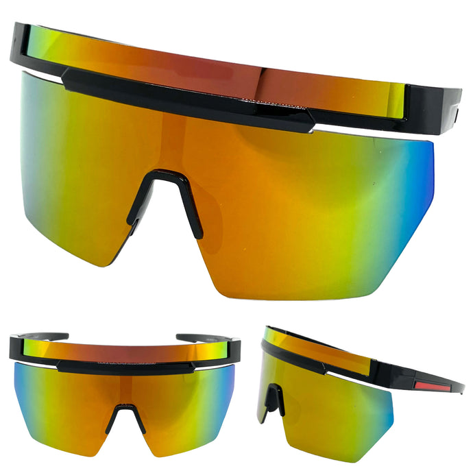 Oversized Retro Sporty Wrap Around Shield Style SUNGLASSES Large Black Frame 59087