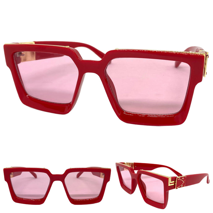 Classic Vintage Retro Hip Hop Style SUNGLASSES Large Square Red Frame 30392