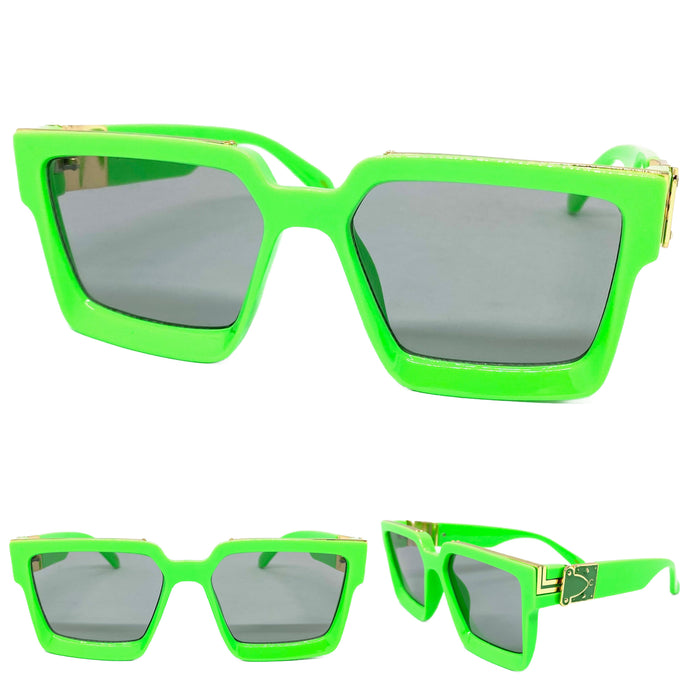 Classic Vintage Retro Hip Hop Style SUNGLASSES Large Square Neon Green Frame 30392