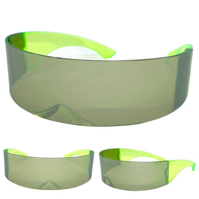 Modern Futuristic Robotic Cyclops Shield Style Party SUNGLASSES - Green Frame & Lens