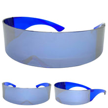 Modern Futuristic Robotic Cyclops Shield Style Party SUNGLASSES - Blue Frame & Lens