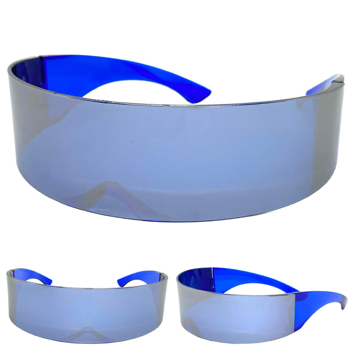 Modern Futuristic Robotic Cyclops Shield Style Party SUNGLASSES - Blue Frame & Lens