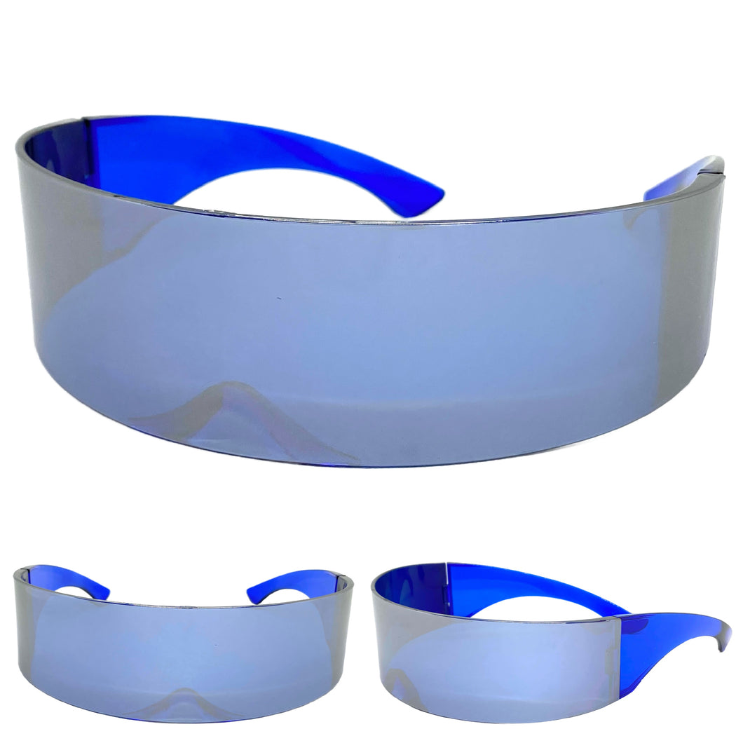 Modern Futuristic Robotic Cyclops Shield Style Party SUNGLASSES - Blue Frame & Lens