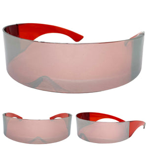 Modern Futuristic Robotic Cyclops Shield Style Party SUNGLASSES - Red Frame & Lens