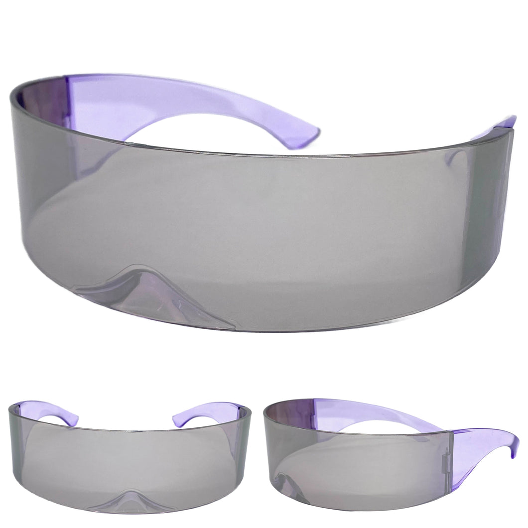 Modern Futuristic Robotic Cyclops Shield Style Party SUNGLASSES - Purple Frame & Lens