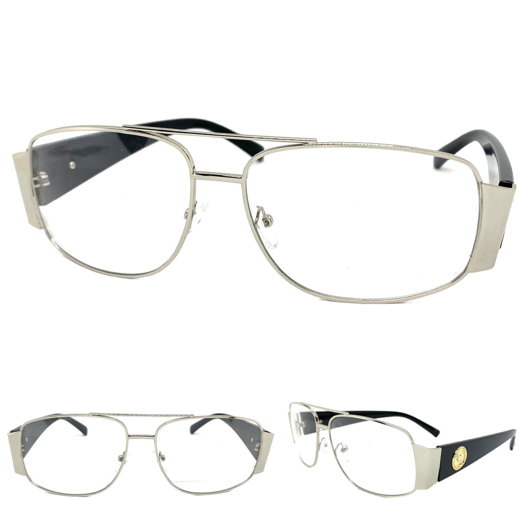 Classic Vintage Retro Hip Hop Aviator Style Clear Lens EYEGLASSES Large Silver Frame 9665