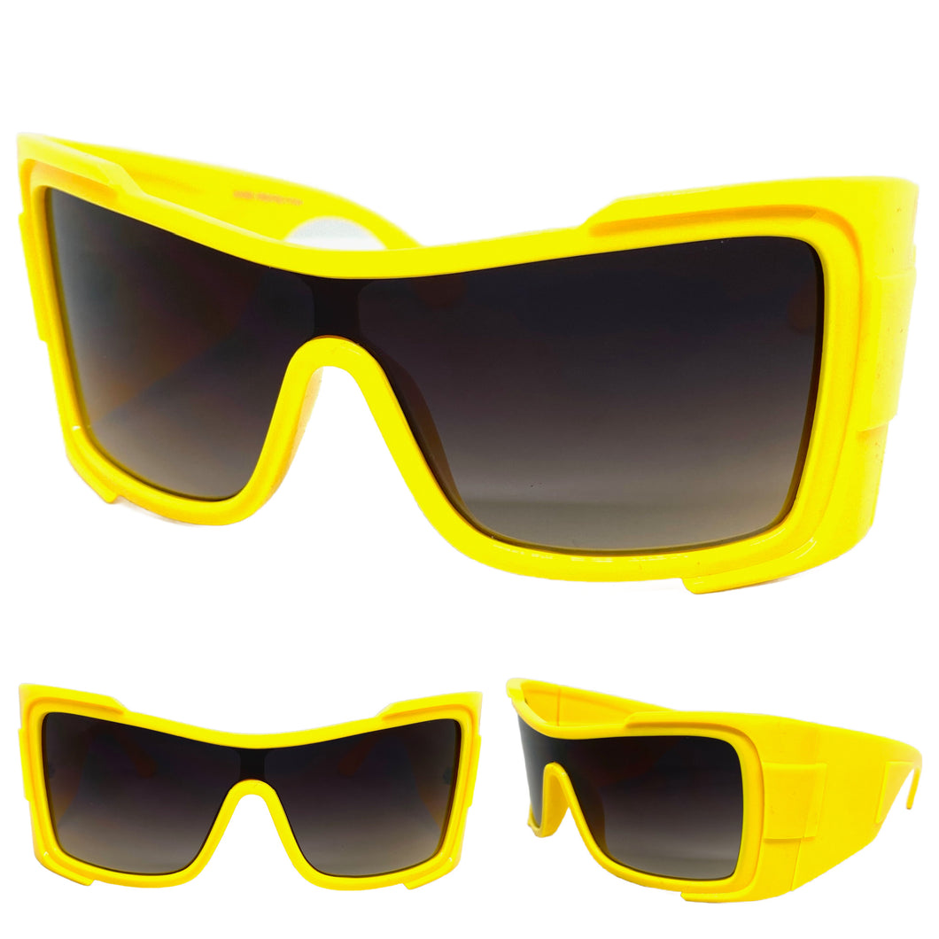 Oversized Classic Modern Retro Wrap Shield Style SUNGLASSES Huge Super Thick Yellow Frame 80636