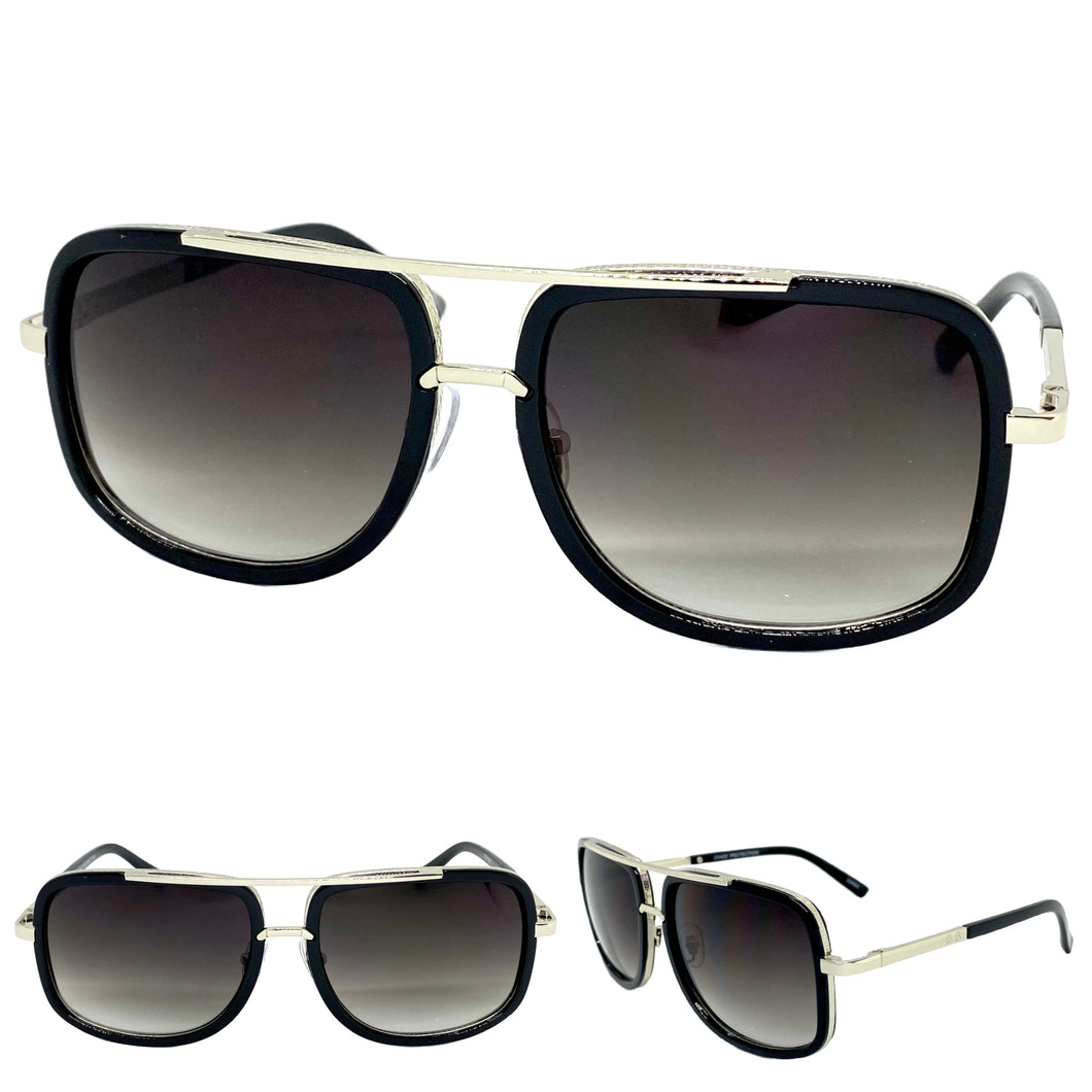 Classic Vintage Retro Aviator Style SUNGLASSES Square Black & Silver Frame 3794