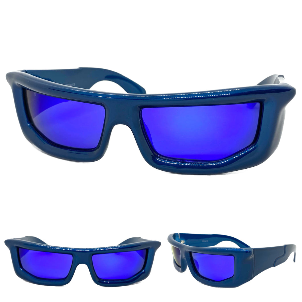 Classic Modern Futuristic Sporty Wrap Around SUNGLASSES Thick Blue Frame P0142