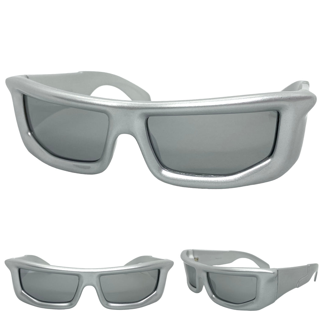 Classic Modern Futuristic Sporty Wrap Around SUNGLASSES Thick Silver Frame P0142