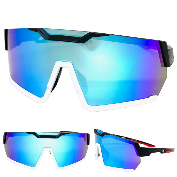 Oversized Retro Sporty Wrap Around Shield Style SUNGLASSES Large Black & White Frame 5335