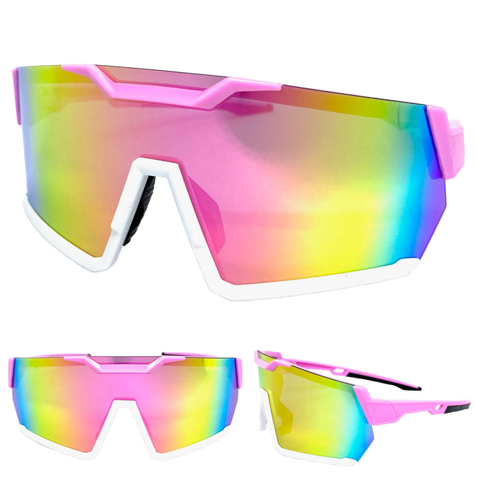 Oversized Retro Sporty Wrap Around Shield Style SUNGLASSES Large Pink & White Frame 5335