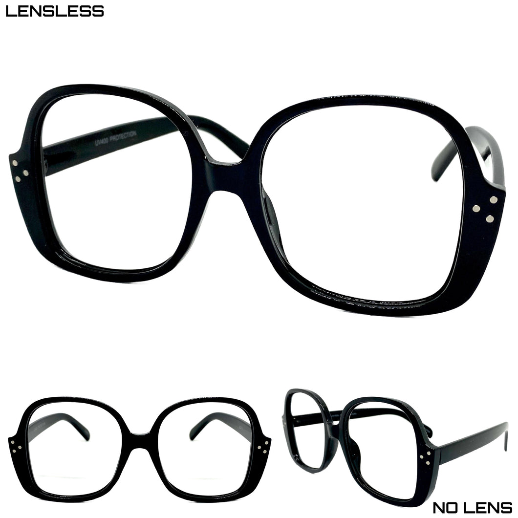 Oversized Classic Vintage Retro Style Large Square Black Lensless Eye Glasses- Frame Only NO Lens 80314