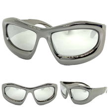 Oversized Modern Futuristic Biker Sporty Wrap SUNGLASSES Thick Gray Chrome Frame 80621