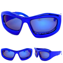 Oversized Modern Futuristic Biker Sporty Wrap SUNGLASSES Thick Blue Chrome Frame 80621