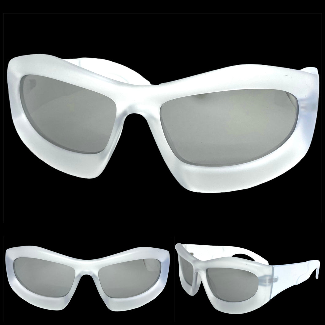 Oversized Modern Futuristic Biker Sporty Wrap SUNGLASSES Thick Clear Frosted Frame 80621