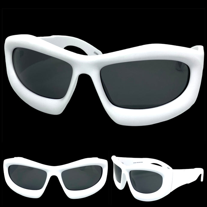 Oversized Modern Futuristic Biker Sporty Wrap SUNGLASSES Thick White Frame 80621