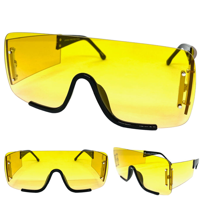 Oversized Modern Retro Shield Wrap Style SUNGLASSES Large Yellow Frame 80627