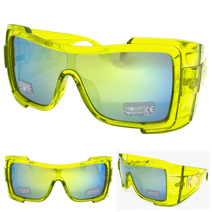 Oversized Modern Retro Wrap Shield Style SUNGLASSES Huge Super Thick Green Frame 1044
