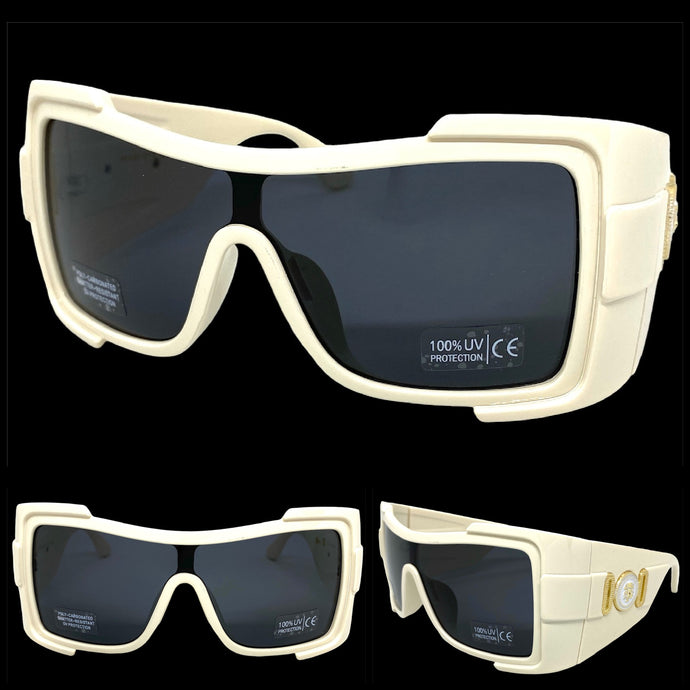 Oversized Modern Retro Wrap Shield Style SUNGLASSES Huge Super Thick Cream Frame 1044