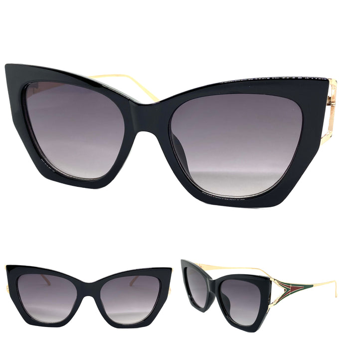Classic Modern Retro Cat Eye Style SUNGLASSES Funky Black & Gold Frame 1017