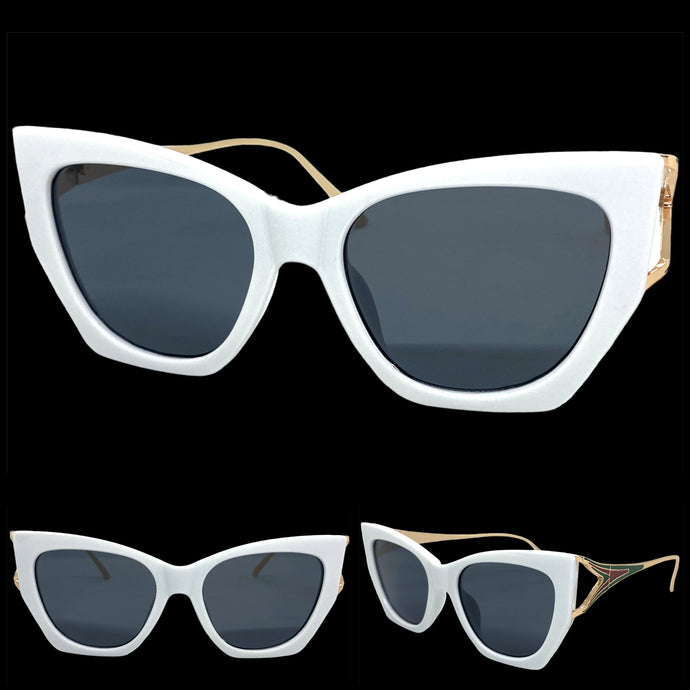 Classic Modern Retro Cat Eye Style SUNGLASSES Funky White & Gold Frame 1017