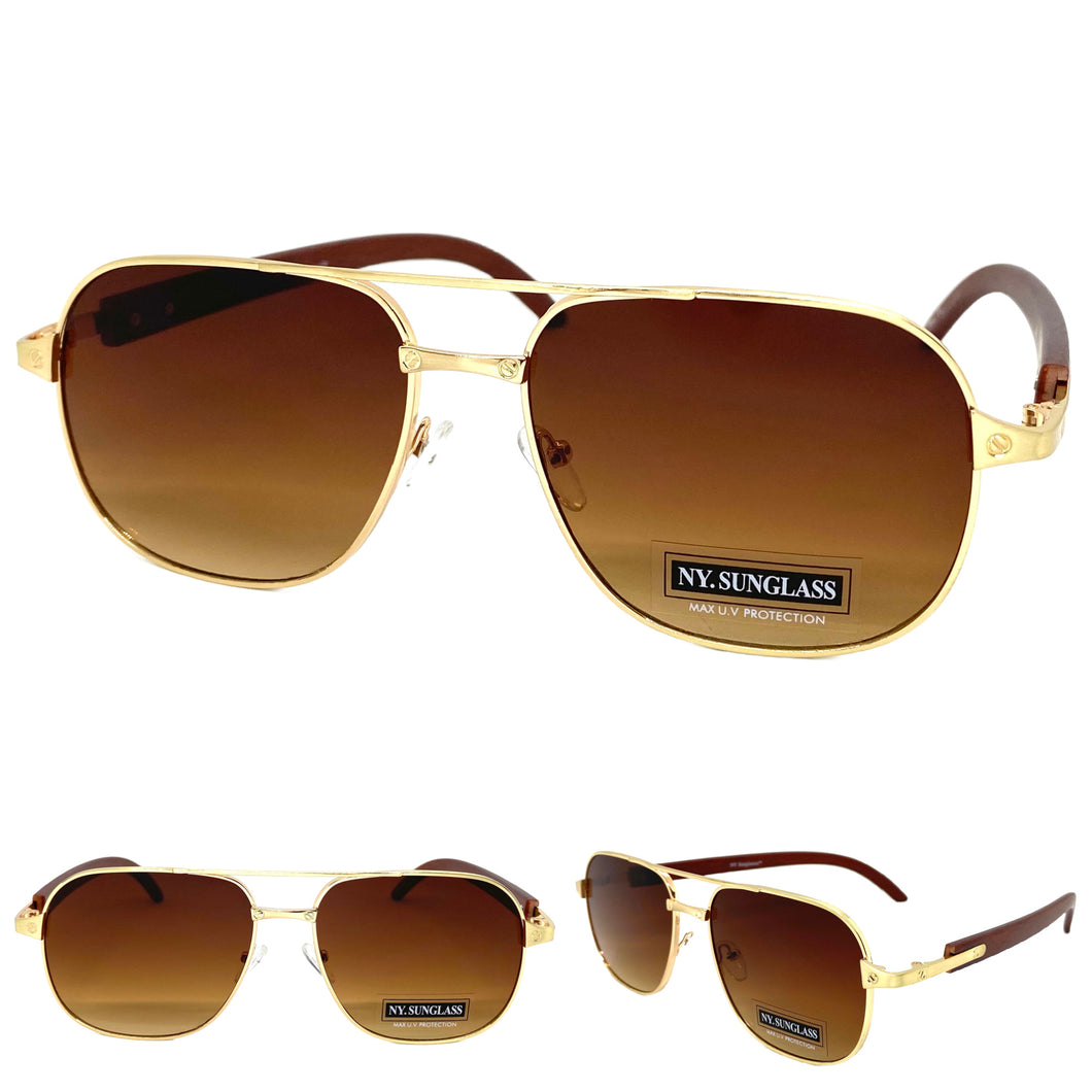 Classy Elegant Luxury Designer Hip Hop Aviator Style SUNGLASSES Gold & Wooden Frame 8346