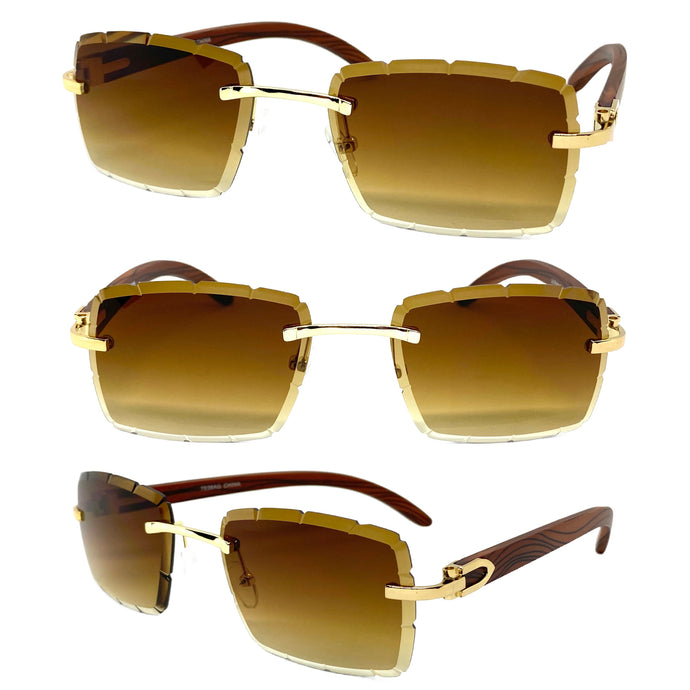Classy Elegant Luxury Designer Hip Hop Style SUNGLASSES Rimless Gold & Wooden Frame 7538