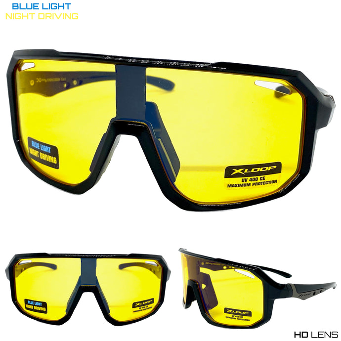 Sporty Shield Blue Light Night Driving HD Lens SUNGLASSES Large Black Frame 3509