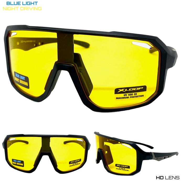 Sporty Shield Blue Light Night Driving HD Lens SUNGLASSES Large Black Frame 3509