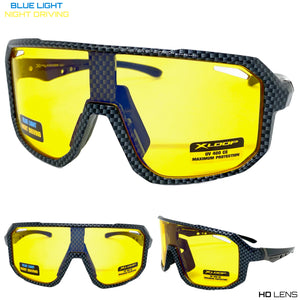 Sporty Shield Blue Light Night Driving HD Lens SUNGLASSES Large Carbon Fiber Frame 3509